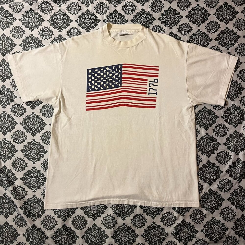 Vintage 80s American Flag 1776 Restaurant White Single Stitched Graphic Tee Sz L